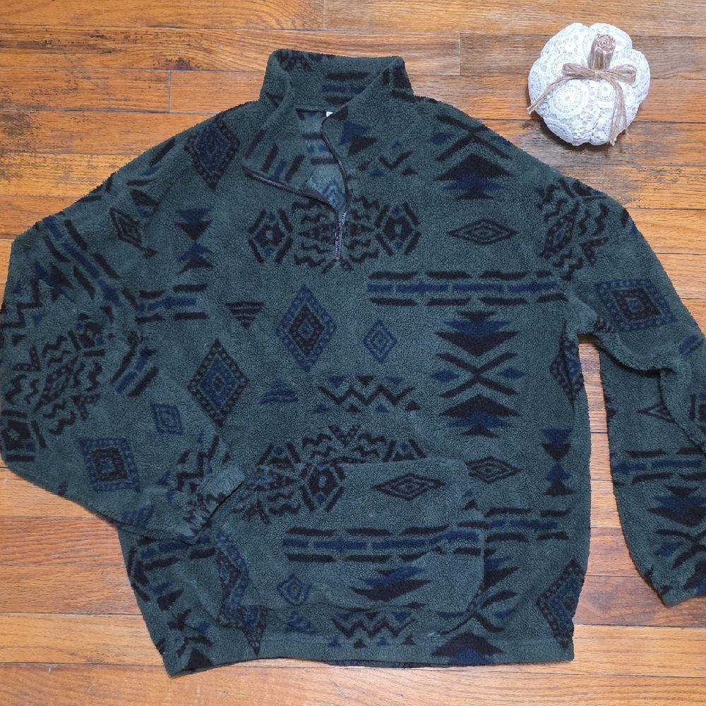 Men's Womens EUC Green Western Aztec Sherpa Fleece Quarter Zip Sweater L